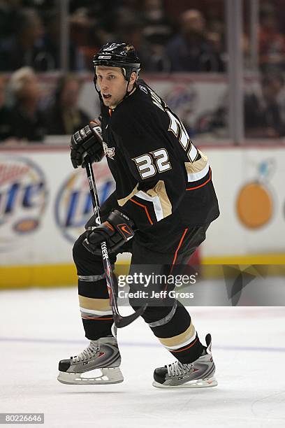 Travis Moen of the Anaheim Ducks skates on the ice during the NHL game against the Dallas Stars at the Honda Center on February 15, 2008 in Anaheim,...