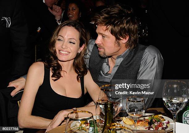 Actors Angelina Jolie and Brad Pitt inside at the 13th ANNUAL CRITICS' CHOICE AWARDS at the Santa Monica Civic Auditorium on January 7, 2008 in Santa...