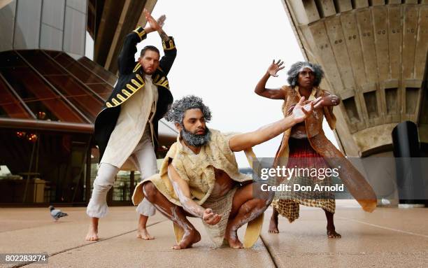 Daniel Riley, Beau Dean Riley Smith and Elma Kris pose during a media call for Bangarra's new production 'Bennelong' at Sydney Opera House on June...