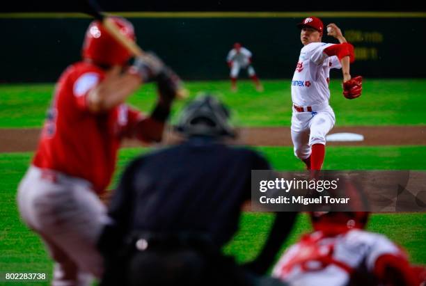 Juan Oramas of Diablos pitches during the match between Rojos del Aguila and Diablos Rojos as part of the Liga Mexicana de Beisbol 2017 at Fray Nano...