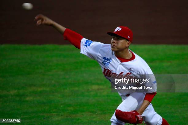 Octavio Acosta of Diablos pitches during the match between Rojos del Aguila and Diablos Rojos as part of the Liga Mexicana de Beisbol 2017 at Fray...