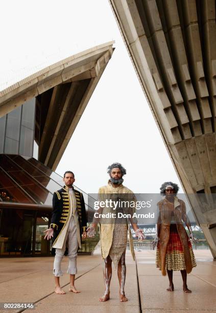 Daniel Riley, Beau Dean Riley Smith and Elma Kris pose during a media call for Bangarra's new production 'Bennelong' at Sydney Opera House on June...