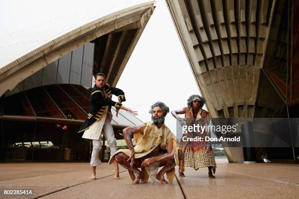 Daniel Riley, Beau Dean Riley Smith and Elma Kris pose during a media call for Bangarra's new production 'Bennelong' at Sydney Opera House on June...