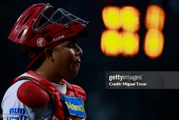 Ricardo Valenzuela of Diablos reacts during the match between Rojos del Aguila and Diablos Rojos as part of the Liga Mexicana de Beisbol 2017 at Fray...