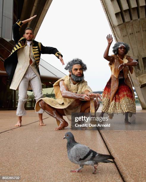 Daniel Riley, Beau Dean Riley Smith and Elma Kris pose during a media call for Bangarra's new production 'Bennelong' at Sydney Opera House on June...