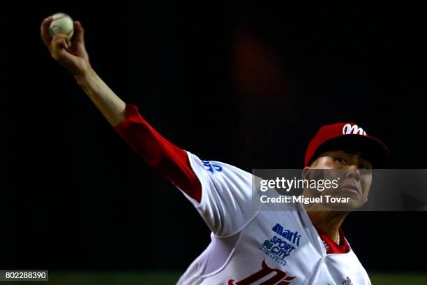 Octavio Acosta of Diablos pitches during the match between Rojos del Aguila and Diablos Rojos as part of the Liga Mexicana de Beisbol 2017 at Fray...