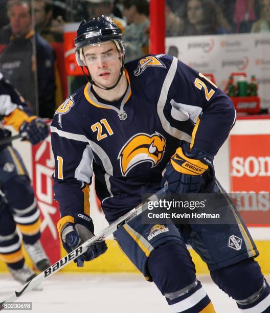 Drew Stafford of the Buffalo Sabres skates against the New York Rangers on March 10, 2008 at HSBC Arena in Buffalo, New York.