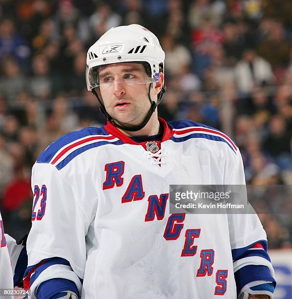 Chris Drury of the New York Rangers skates against the Buffalo Sabres on March 10, 2008 at HSBC Arena in Buffalo, New York.