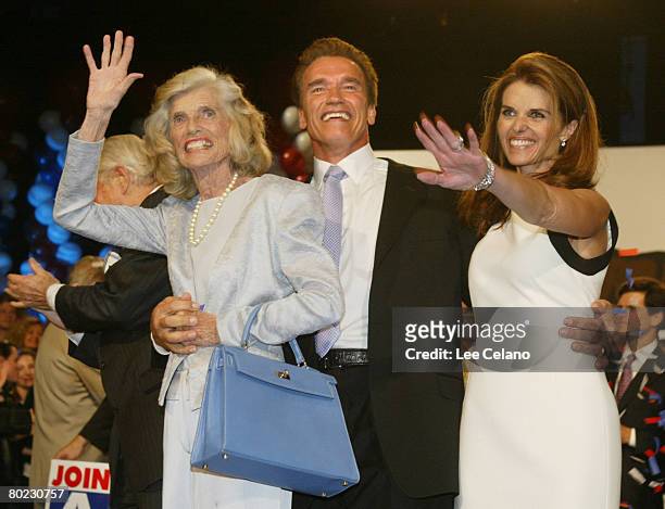 Republican candidate Arnold Schwarzenegger, R. Sargent Shriver, Eunice Kennedy Shriver and Maria Shriver celebrate victory in the California recall...