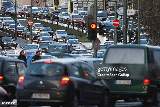 Rush hour traffic makes its way through the district of Steglitz on the ninth day of a strike by Berlin public transit authority workers on March 13,...