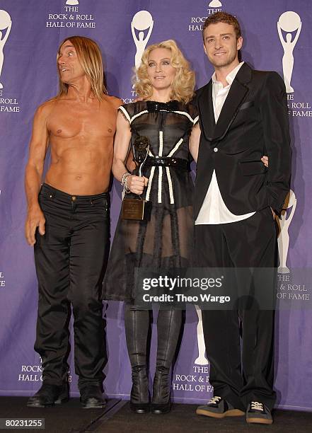 Musicians Iggy Pop, Madonna and Justin Timberlake pose in the press room during the 23rd Annual Rock and Roll Hall of Fame Induction Ceremony at the...