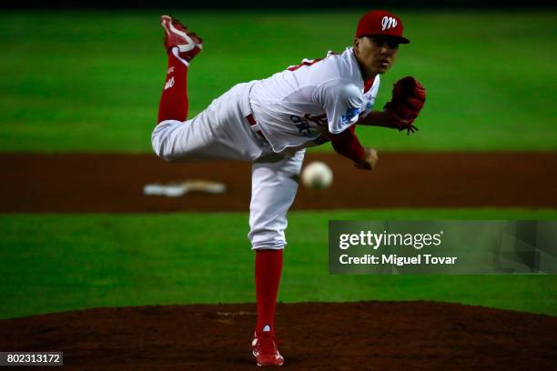 Octavio Acosta of Diablos pitches during the match between Rojos del Aguila and Diablos Rojos as part of the Liga Mexicana de Beisbol 2017 at Fray...