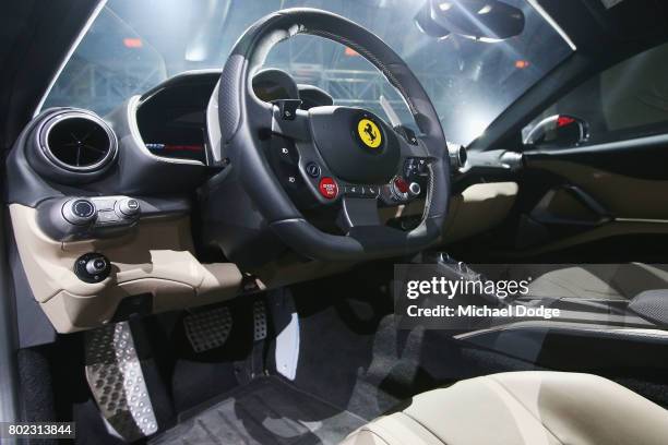 The teering wheelof the new Ferrari 812 Superfast is seen at its Australasian Premiere on June 28, 2017 in Melbourne, Australia. The 812 Superfast is...