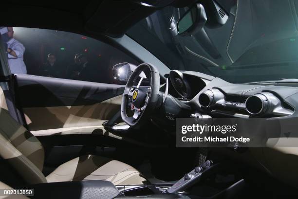 The interior of the new Ferrari 812 Superfast is seen at its Australasian Premiere on June 28, 2017 in Melbourne, Australia. The 812 Superfast is the...