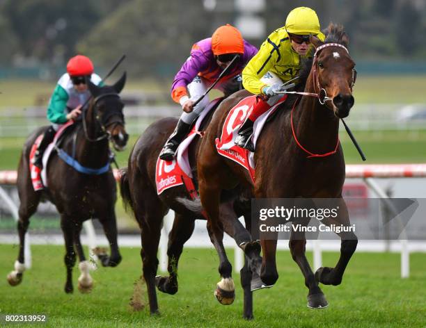 Craig Williams riding Yogi wins Race 5 during Melbourne Racing at Sandown Hillside on June 28, 2017 in Melbourne, Australia.