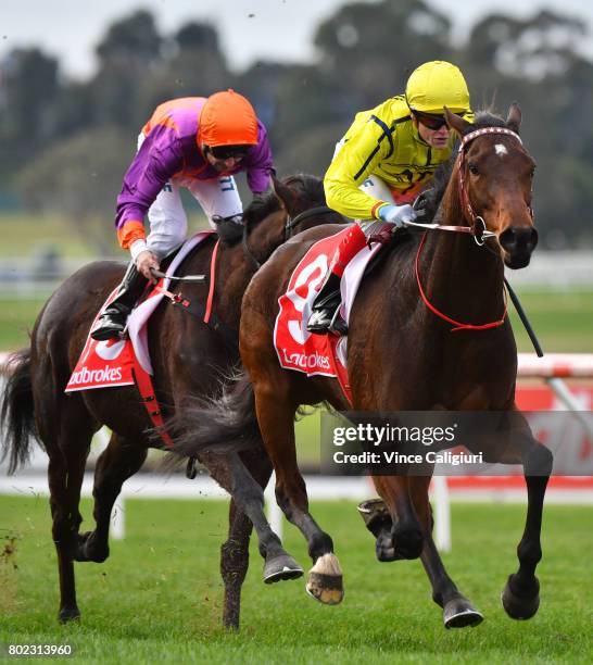 Craig Williams riding Yogi wins Race 5 during Melbourne Racing at Sandown Hillside on June 28, 2017 in Melbourne, Australia.