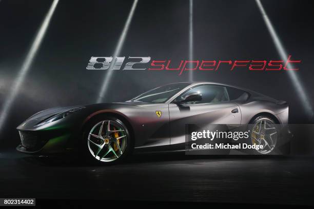 The new Ferrari 812 Superfast is seen at its Australasian Premiere on June 28, 2017 in Melbourne, Australia. The 812 Superfast is the most powerful...