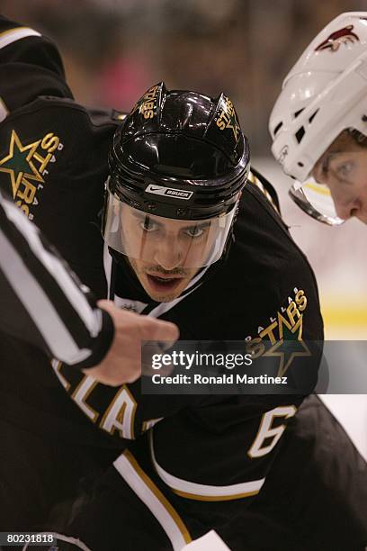 Mike Ribeiro of the Dallas Stars awaits the face off against the Phoenix Coyotes at the American Airlines Center on March 5, 2008 in Dallas, Texas.