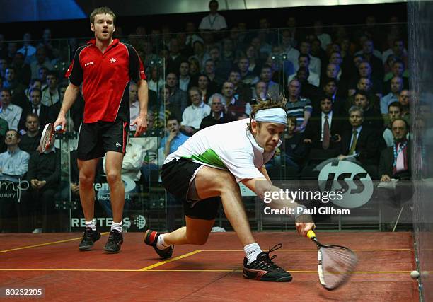 James Willstrop of England in action during the semi final match against Lee Beachill of England during the ISS Canary Wharf Squash Classic at East...