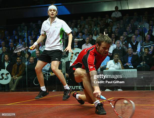 Lee Beachill of England in action during the semi final match against James Willstrop of England during the ISS Canary Wharf Squash Classic at East...