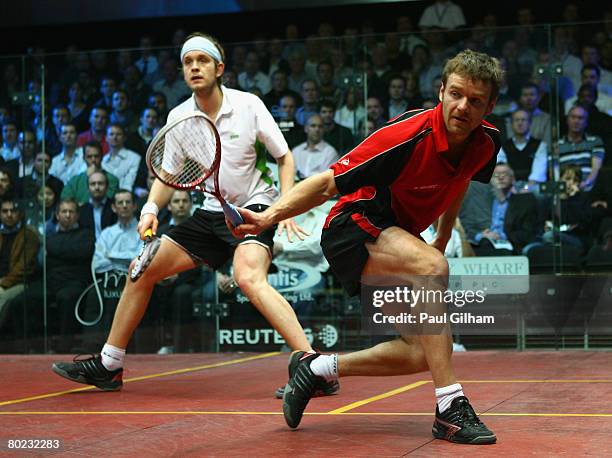 Lee Beachill of England in action during the semi final match against James Willstrop of England during the ISS Canary Wharf Squash Classic at East...