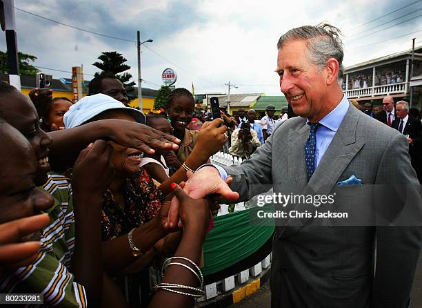 Prince Charles, Prince of Wales tours the historic town of Falmouth on March 13, 2008 in Falmouth, Jamaica. The Royal Couple is on the final leg of a...