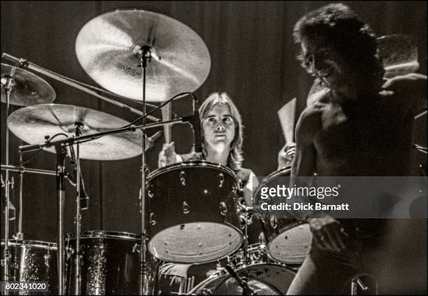 Phil Rudd of AC/DC performing on stage, Lyceum Theatre, London, United Kingdom on July 7, 1976 from the Lock Up Your Daughters Tour.