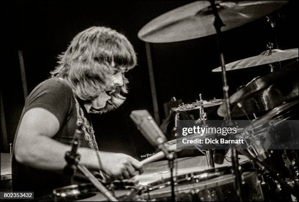 John Bonham of Led Zeppelin performing on stage at Earls Court, London, 24th May 1975.