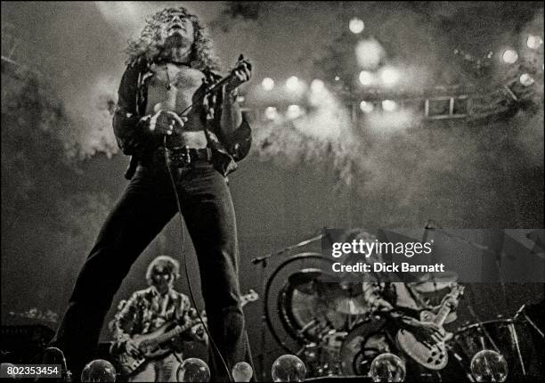 Robert Plant and Jimmy Page of Led Zeppelin performing on stage at Earls Court, London, 24th May 1975.