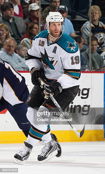 Joe Thornton of the San Jose Sharks skates against the Nashville Predators on March 11, 2008 at the Sommet Center in Nashville, Tennessee.