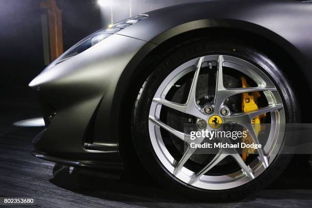 Detailed view of the wheel of the new Ferrari 812 Superfast at the Australasian Premiere on June 28, 2017 in Melbourne, Australia. The 812 Superfast...