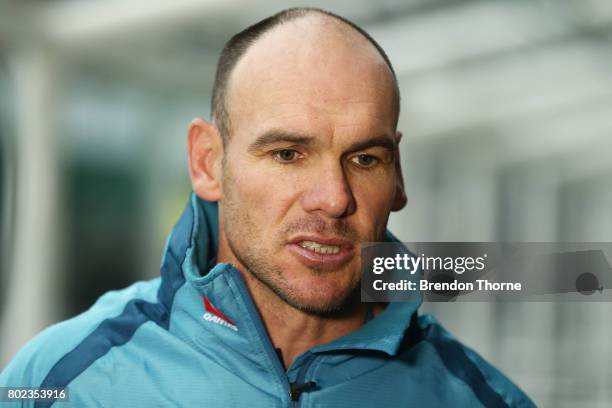 Nathan Grey speaks to the media during an ARU press conference at Allianz Stadium on June 28, 2017 in Sydney, Australia.