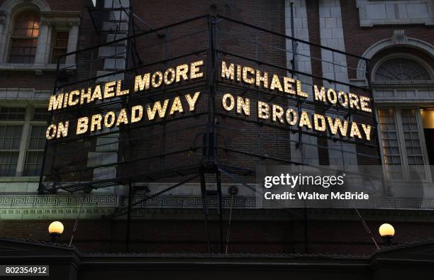 Theatre marquee unveiled For "Michael Moore on Broadway: The Terms of My Surrender" at The Belasco Theatre on June 27, 2017 in New York City.