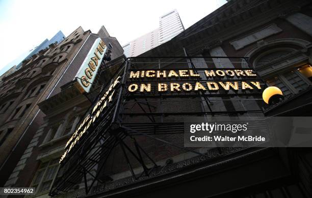 Theatre marquee unveiled For "Michael Moore on Broadway: The Terms of My Surrender" at The Belasco Theatre on June 27, 2017 in New York City.