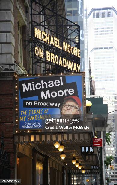 Theatre marquee unveiled For "Michael Moore on Broadway: The Terms of My Surrender" at The Belasco Theatre on June 27, 2017 in New York City.
