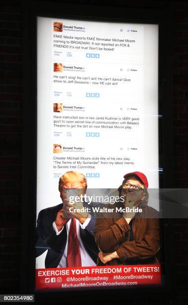 Theatre marquee unveiled For "Michael Moore on Broadway: The Terms of My Surrender" at The Belasco Theatre on June 27, 2017 in New York City.