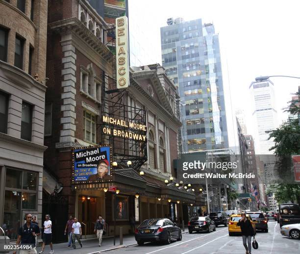 Theatre marquee unveiled For "Michael Moore on Broadway: The Terms of My Surrender" at The Belasco Theatre on June 27, 2017 in New York City.