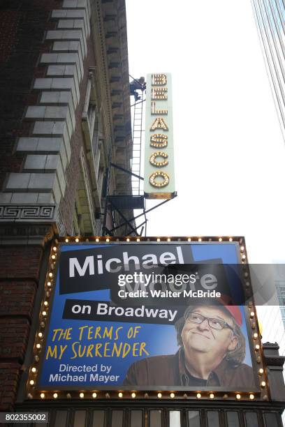 Theatre marquee unveiled For "Michael Moore on Broadway: The Terms of My Surrender" at The Belasco Theatre on June 27, 2017 in New York City.