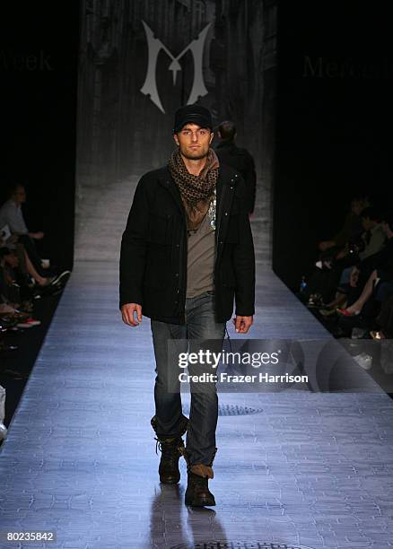 Model walks the runway at the Monarchy Collection Fall 2008 fashion show during Mercedes-Benz Fashion Week held at Smashbox Studios on March 13, 2008...