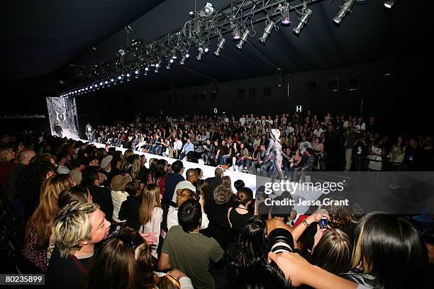 Model walks the runway at the Monarchy Collection Fall 2008 fashion show during Mercedes-Benz Fashion Week held at Smashbox Studios on March 13, 2008...