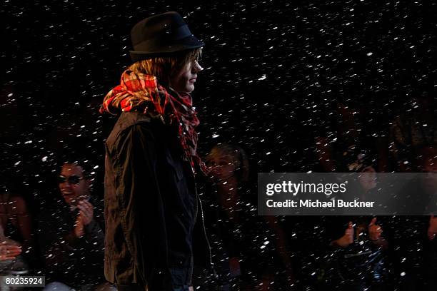 Model walks the runway at the Monarchy Collection Fall 2008 fashion show during Mercedes-Benz Fashion Week held at Smashbox Studios on March 13, 2008...