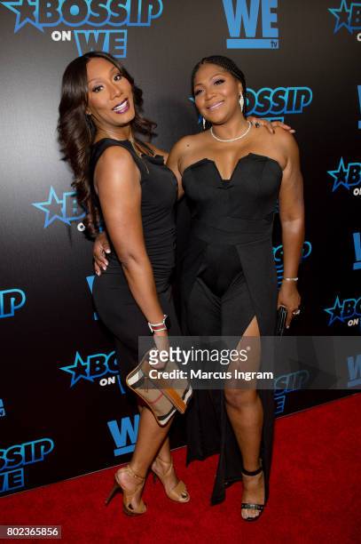 Towanda Braxton and Trina Braxton attend "Bossip On WE" Atlanta launch celebration at Elevate at W Atlanta Midtown on June 27, 2017 in Atlanta,...