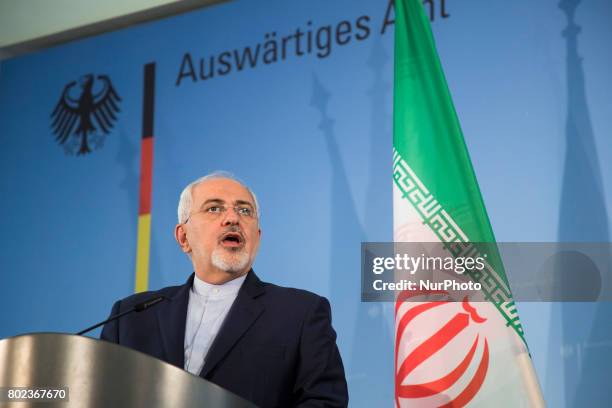 Iranian Foreign Minister Mohammad Javad Zarif is pictured during a news conference held with German Vice Chancellor and Foreign Minister Sigmar...