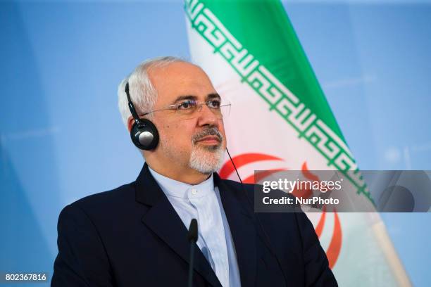 Iranian Foreign Minister Mohammad Javad Zarif is pictured during a news conference held with German Vice Chancellor and Foreign Minister Sigmar...