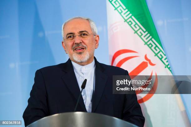 Iranian Foreign Minister Mohammad Javad Zarif is pictured during a news conference held with German Vice Chancellor and Foreign Minister Sigmar...