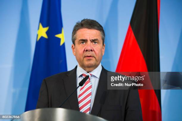 German Vice Chancellor and Foreign Minister Sigmar Gabriel is pictured during a news conference held with Iranian Foreign Minister Mohammad Javad...