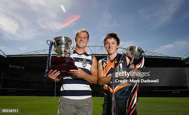 James Byrne the captain of the Geelong VFL team and Dillon Joyce representing the Calder Cannons pose during a press conference at Telstra Dome on...