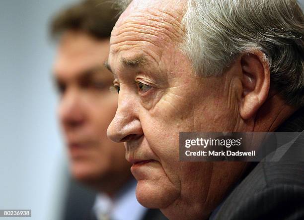 Telstra Dome CEO Ian Collins and AFL Victoria's CEO Peter Schwab speak to media during a press conference at Telstra Dome on March 14, 2008 in...