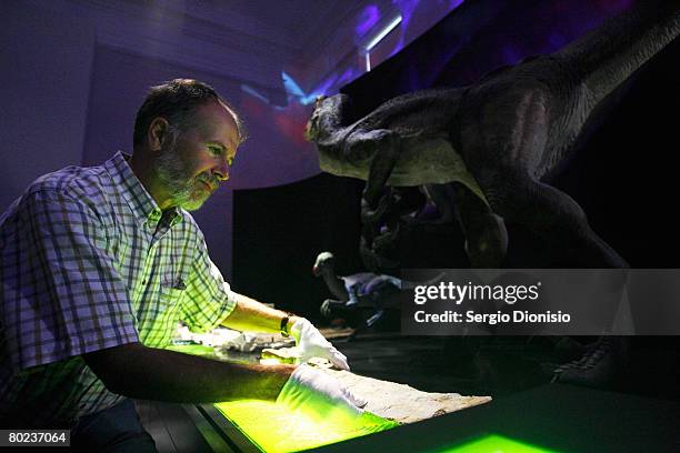 Palaeontologist Robert Jones lays a newly discovered dinosaur fossil into a new exhibition titled Dinosaurs at the Australian Museum on March 14,...