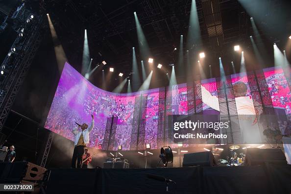 British iconic rock band The Stone Roses perform on stage at Wembley ...